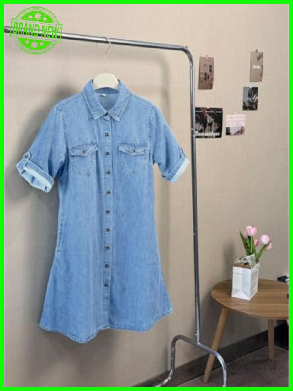 Midi Denim Shirt Dress with Pockets Short Sleeve Button Down Casual Dress - Picture 2 of 5